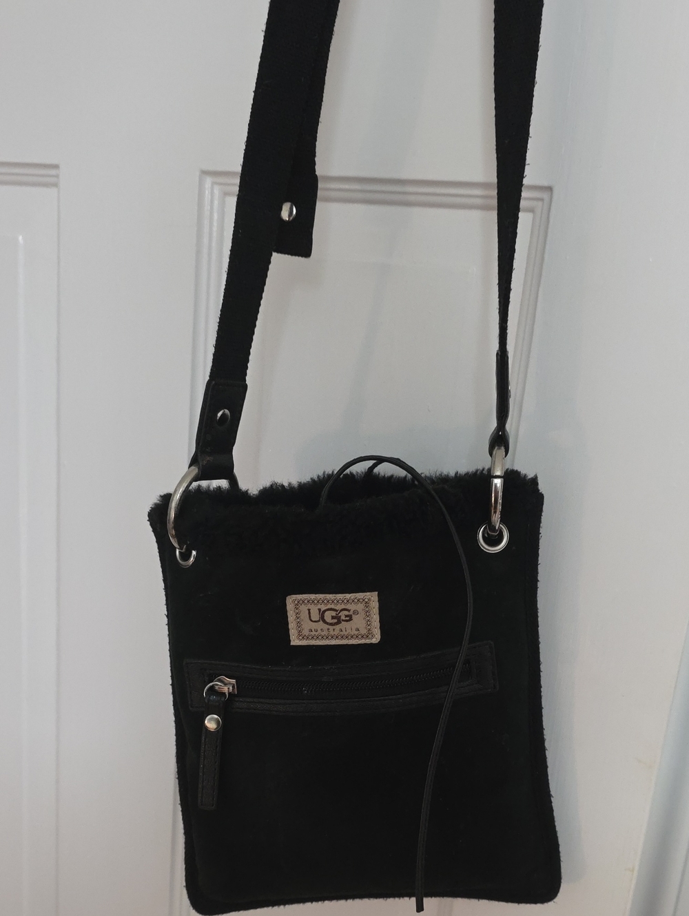 UGG Black Shearling Crossbody Pouch with Front Zip